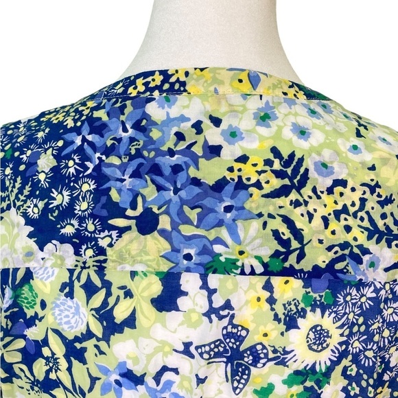 Talbots Cotton Tie Waist Button-Down Split Neck Yellow/Blue Floral Dress Size 4 - Picture 6 of 16